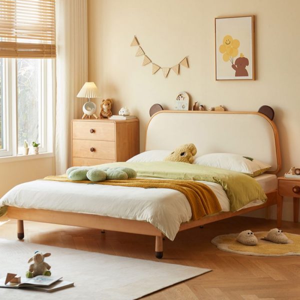 "Natural Color Casual Lumber Standard Children Bed, Pleather Headboard, Animal Theme, Gender Neutral"