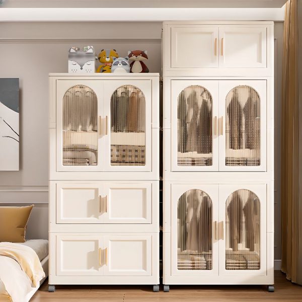 "Beige Polymer Kids Armoire with Shelf, Clothing Rod & Door"