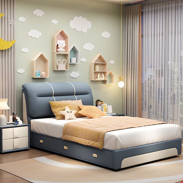 "Blue Lumber Lift Up Storage Children Bed with Pleather Headboard and Underbed Storage for All Genders"