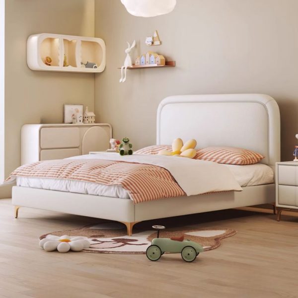 "White Casual Upholstered Standard Kids Bed with Panel Headboard, Sponge Fill, Gender Neutral"