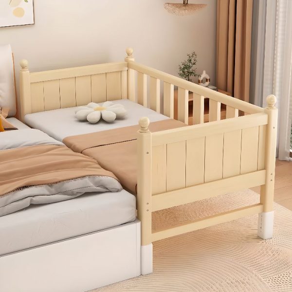 "Natural Color Casual Lumber Standard Children Bed with Headboard, Coir Mattress, Gender Neutral & Guardrail"
